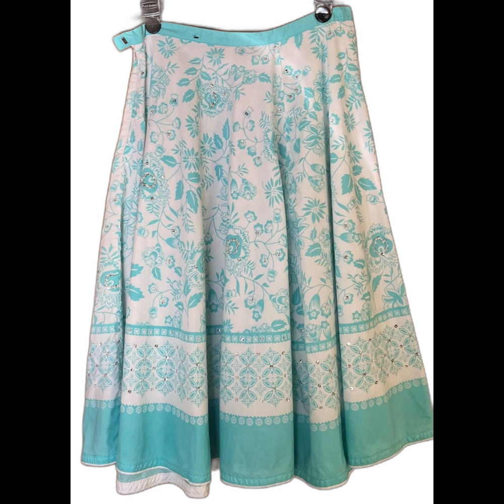 Ana Floral Sequin A Line Swing Lined Skirt Womens 4 Teal Prairie Boho Cottage